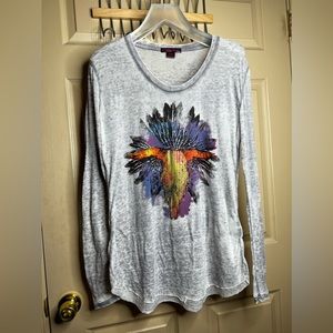 Rock & Roll Cowgirl Gray Long Sleeve Tee with Colorful Bull Skull